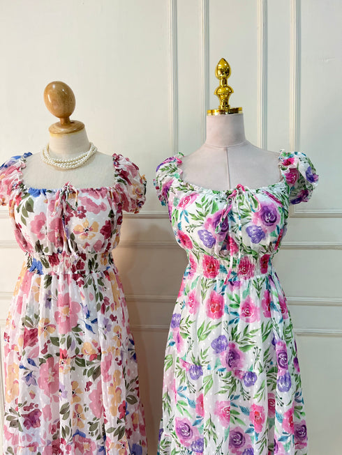 Spring Floral Square Neck Long Maxi Dress